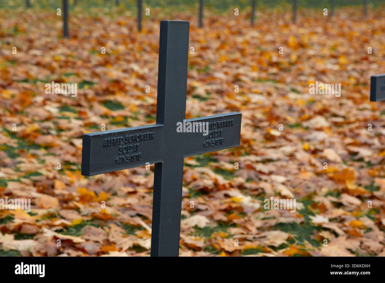 Des croix graves portant les noms des soldats allemands tombés se trouvent dans le cimetière de guerre allemand de Neuville-réussis Vaast, qui a été un Herita mondial de l'UNESCO Banque D'Images