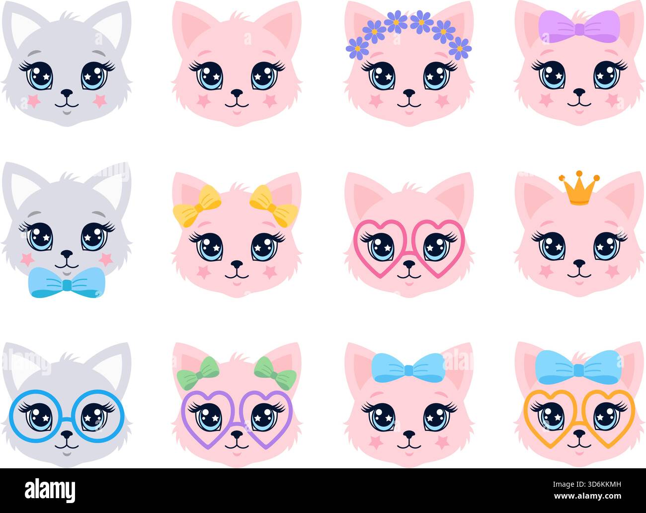 Ensemble de têtes de chaton kawaii mignonnes : chats de bande dessinée gris et rose avec lunettes, arcs, couronne et couronne de fleurs Illustration de Vecteur