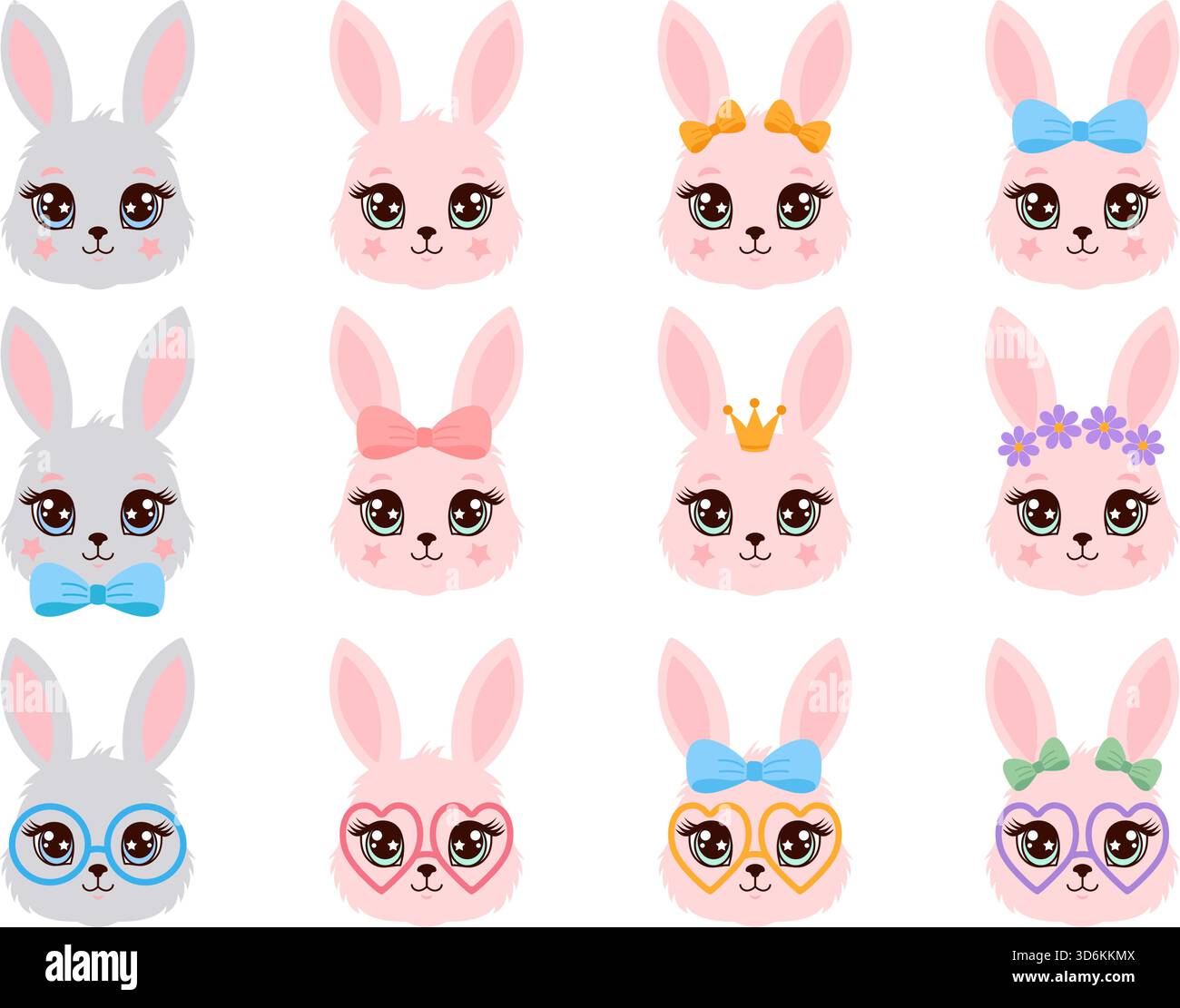 Ensemble de visages de lapin de dessin animé mignons : lapins gris et roses avec des arcs, des lunettes, une couronne et une couronne de fleurs. Illustration de Vecteur