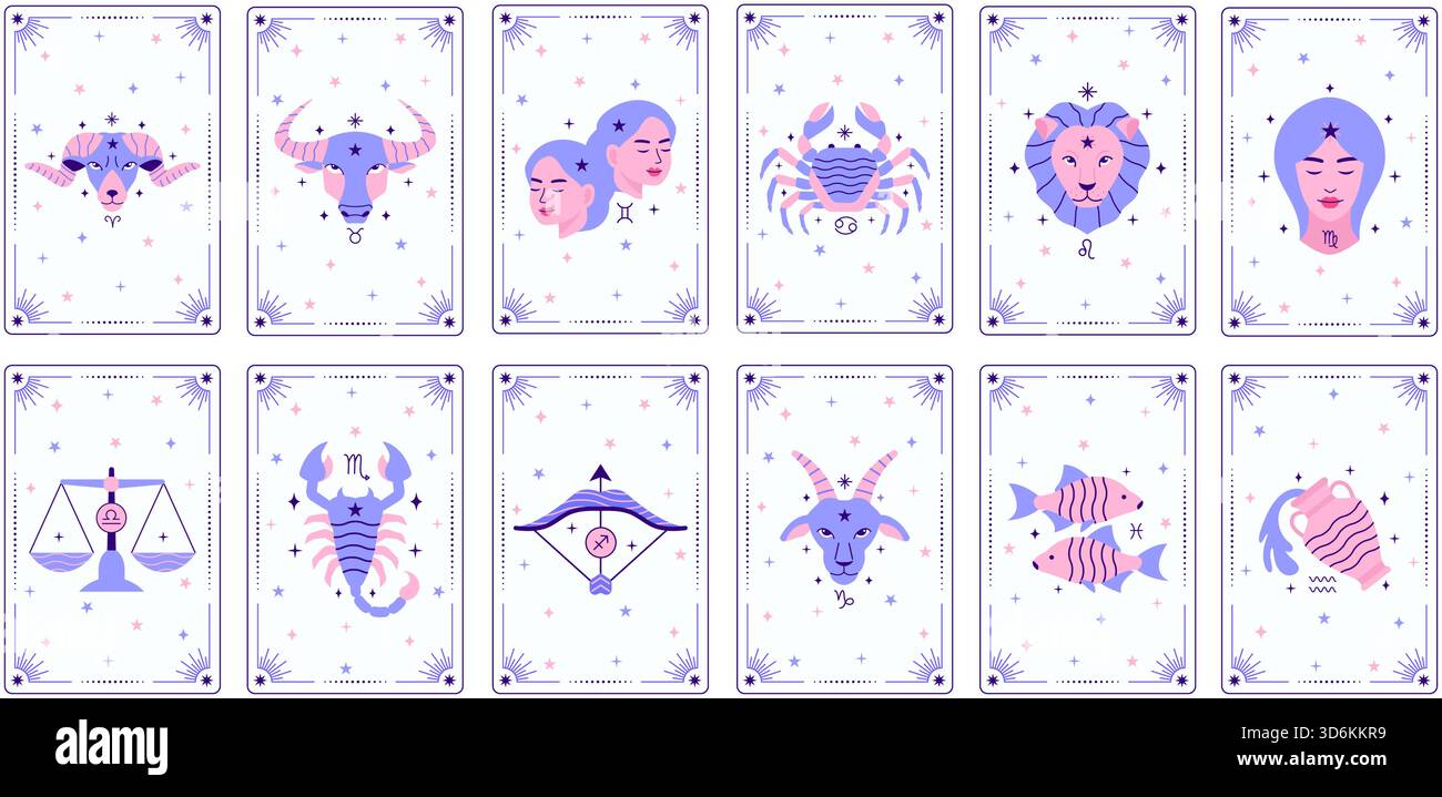 Collection de cartes de tarot avec signes du zodiaque Illustration de Vecteur