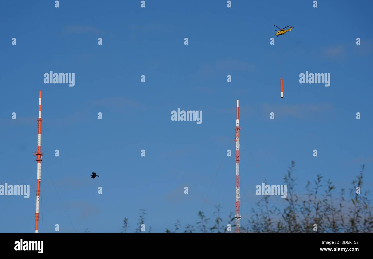 Hambourg, Allemagne. 21 novembre 2025. Un hélicoptère fait voler une antenne au sommet du nouveau mât de transmission de la radiodiffusion nord-allemande (NDR) dans le district de Moorfleet. NDR construit un nouveau mât de transmission de 300 mètres de haut à Hamburg-Moorfleet pour remplacer son prédécesseur (l) vieux de 60 ans. Le nouveau mât sera la plus haute structure de Hambourg et fournira des signaux VHF, TV, DAB et DVB-T2 pour Hambourg et Schleswig-Holstein. Crédit : Marcus Brandt/dpa/Alamy Live News Banque D'Images