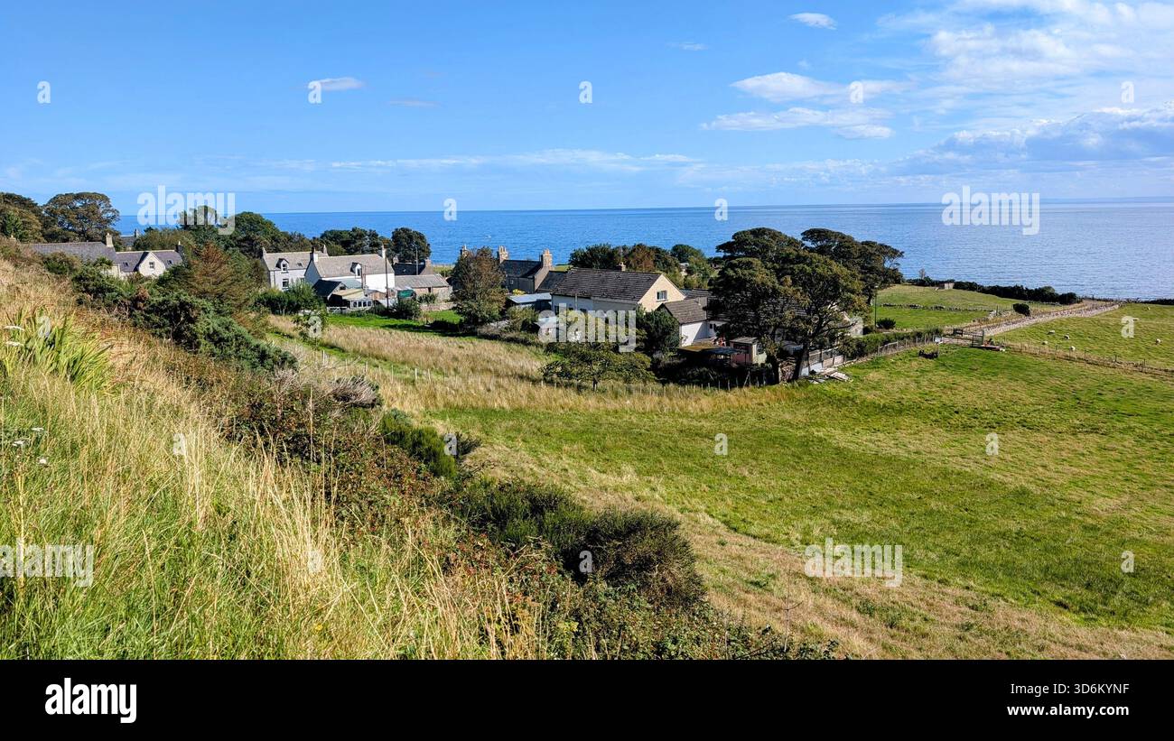 Vue aérienne du village écossais rural près de Helmsdale, avec des champs côtiers vert vif et la côte de la mer du Nord Banque D'Images
