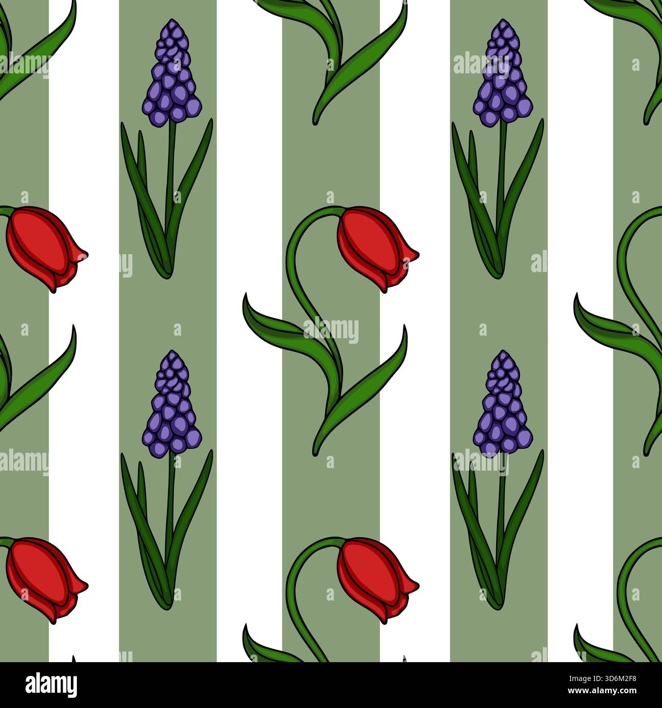 Un charmant motif vectoriel sans couture avec de délicates tulipes rouges et des jacinthes de raisin violettes vibrantes sur un fond de vert sauge alternant et Illustration de Vecteur