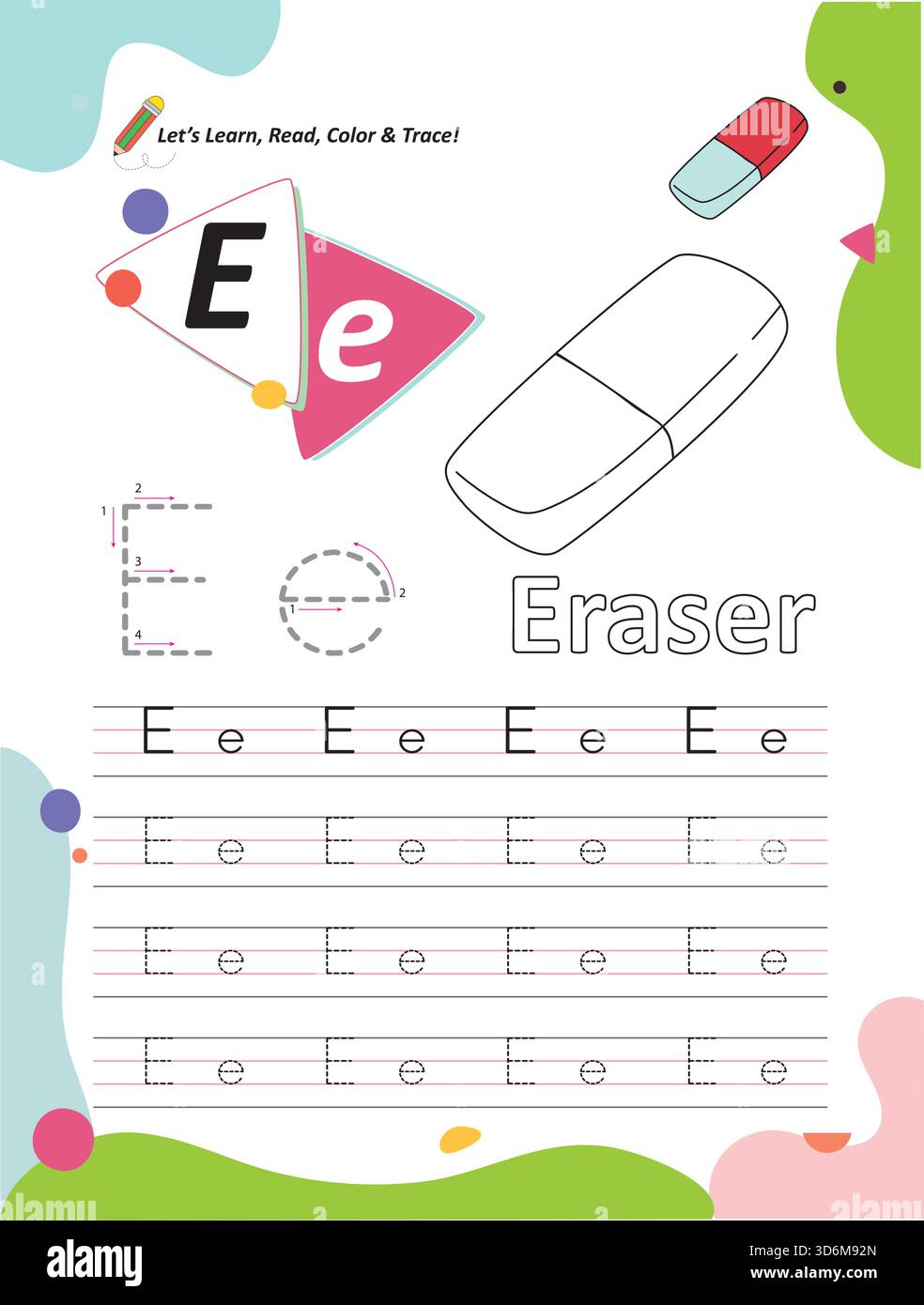 Lettre de l'alphabet E Fiche pratique d'apprentissage, de coloriage et d'écriture pour Kids.eps Illustration de Vecteur