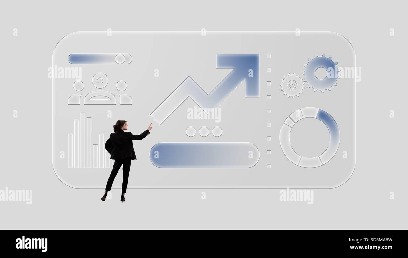 Affiche minimaliste. Femme d'affaires analysant des icônes de tableau de bord brillantes avec une émotion motivée Banque D'Images