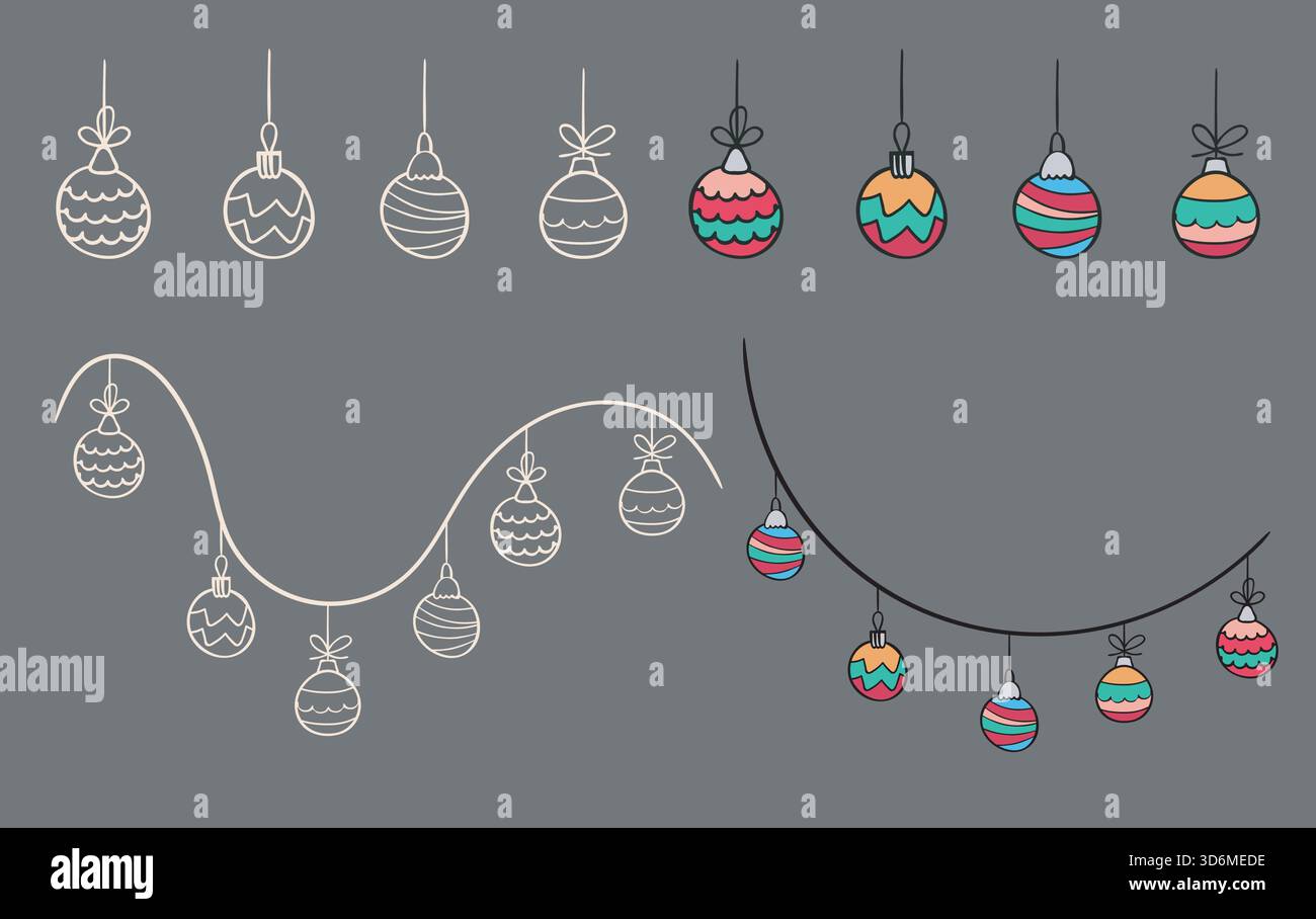 Ensemble boule de Noël festive, guirlande décorative dessinée à la main décorative de bordure blanche, joli design de style esquisse plate coloré et mignon Illustration de Vecteur
