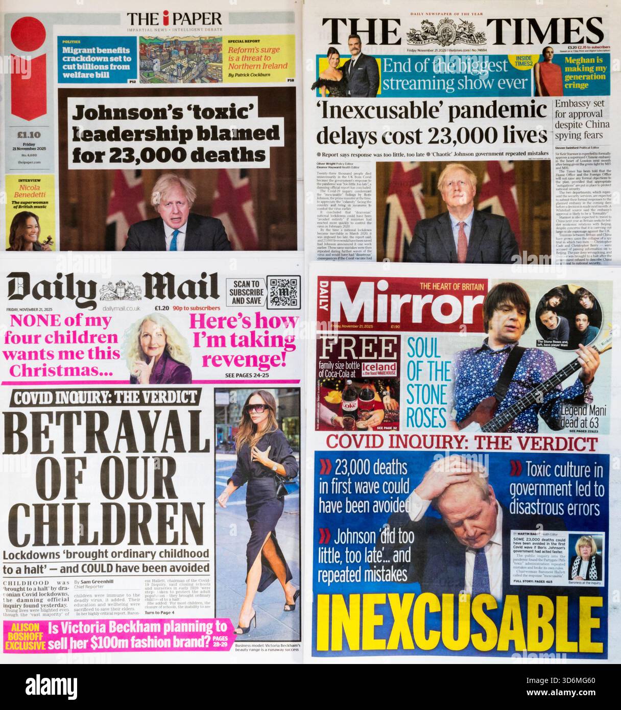 21 novembre 2025. Les titres des journaux britanniques donnent leur point de vue sur la publication du rapport de la baronne Hallett sur la réponse du gouvernement à la pandémie de COVID-19. Banque D'Images