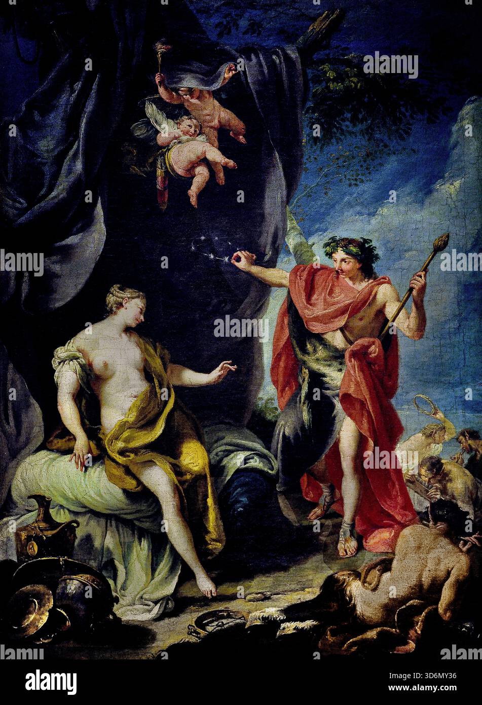 Bacchus et Ariane 1730 - 1732 par Giovan Battista Pittoni XVIIIe siècle Italie, italien. ( Le mythe de Bacchus et Ariane raconte comment Ariane, une princesse crétoise abandonnée par Thésée sur l'île de Naxos, est trouvée par Bacchus, le Dieu du vin. Bacchus tombe instantanément amoureux d'elle et, après l'avoir sauvée du désespoir, l'épouse et l'élève à la divinité. Comme cadeau de mariage, il jette sa couronne dans le ciel, où elle devient la constellation Corona Borealis . Banque D'Images