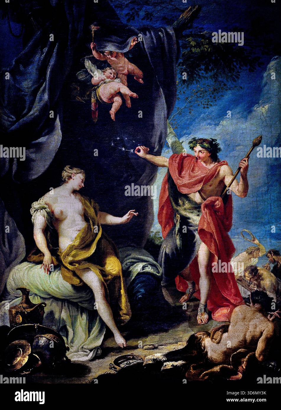 Bacchus et Ariane 1730 - 1732 par Giovan Battista Pittoni XVIIIe siècle Italie, italien. ( Le mythe de Bacchus et Ariane raconte comment Ariane, une princesse crétoise abandonnée par Thésée sur l'île de Naxos, est trouvée par Bacchus, le Dieu du vin. Bacchus tombe instantanément amoureux d'elle et, après l'avoir sauvée du désespoir, l'épouse et l'élève à la divinité. Comme cadeau de mariage, il jette sa couronne dans le ciel, où elle devient la constellation Corona Borealis . Banque D'Images