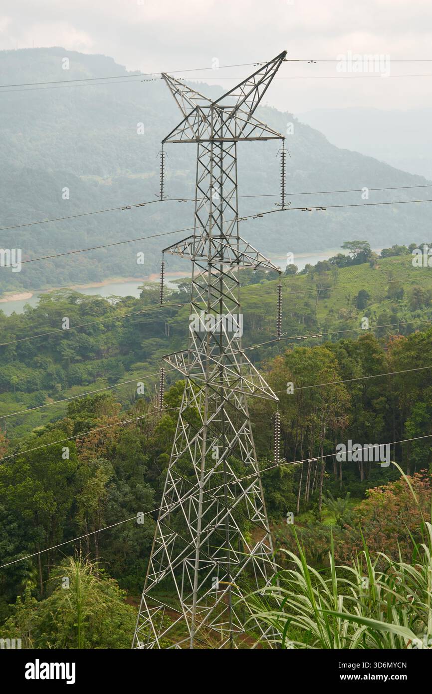 tour de pylône de puissance à haute tension au-dessus de montagnes verdoyantes, lignes de transmission électrique traversant le paysage forestier, structure industrielle dans la nature contex Banque D'Images