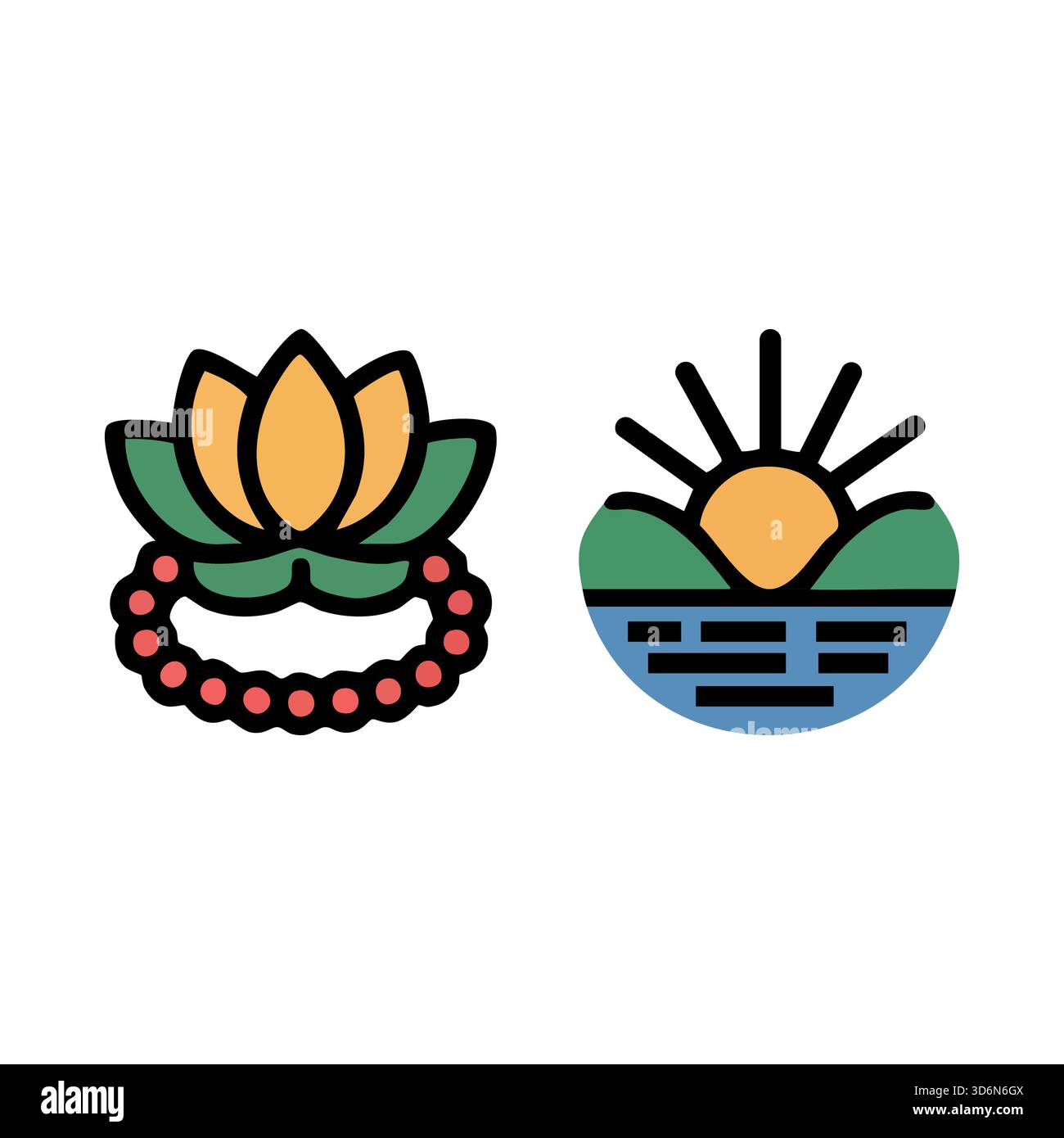 Icônes de fleurs de lotus mala perles et soleil levant sur les collines Illustration de Vecteur