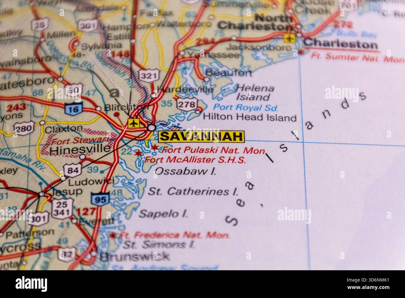 Savannah, Géorgie, États-Unis sur une feuille de route. Banque D'Images