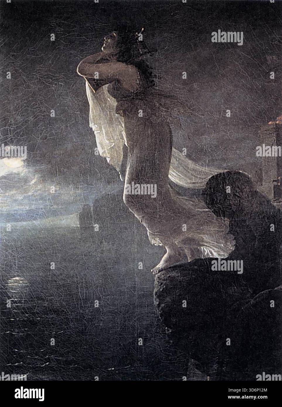 GROS, Antoine-Jean (né en 1771, Paris, mort en 1835, Meudon) Sappho à Leucate 1801 huile sur toile, 122 x 100 cm Mus?e Baron G?rard, Bayeux le jeune gros déménage son salon public en 1801, avec son sapho non terrestre à Leucate, dans lequel la poétesse, dans les agonies du rejet, se jette à la mer. Touchée par le clair de lune scintillant à travers son voile transparent, Sappho semble entre deux mondes ; derrière elle, sur les falaises, se dresse un autel sacrificiel. --- mots-clés : ------------- Auteur : GROS, Antoine-Jean titre : Sappho at Leucate forme : Painting Time-line : 1801-1850 École : Français type : M Banque D'Images