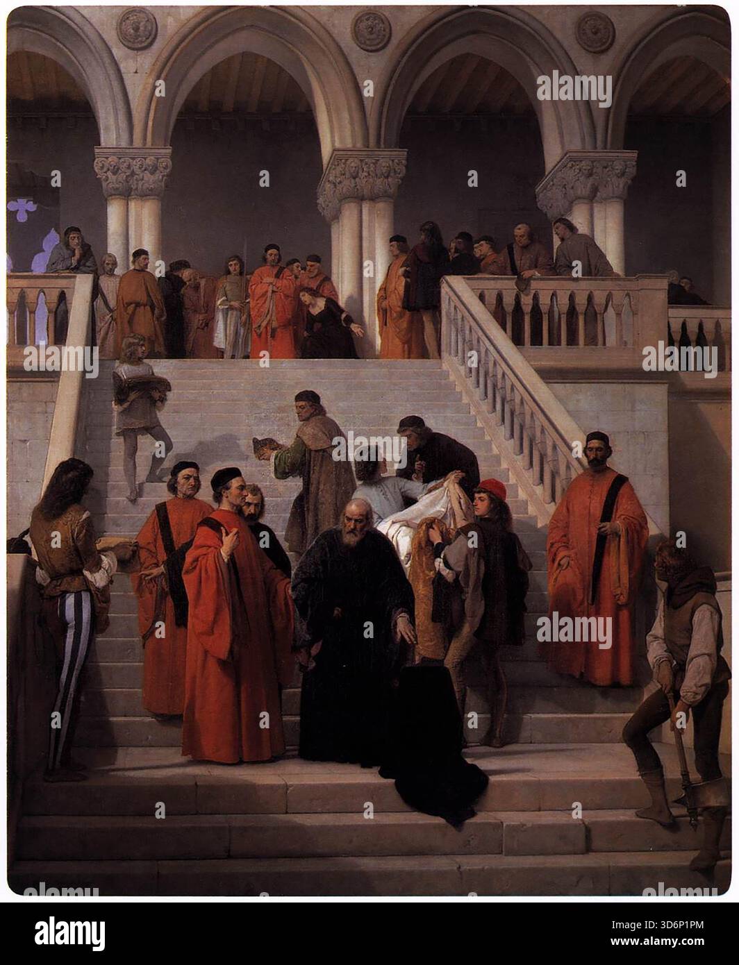 HAYEZ, Francesco (né en 1791 à Venise, mort en 1882 à Milan) les derniers moments du Doge Marin Faliero 1867 huile sur toile, 238 x 192 cm Pinacoteca di Brera, Milan Marin Faliero était le cinquante-cinquième Doge de Venise, nommé le 11 septembre 1354. Il tente un coup d'État en 1355, à l'époque Doge lui-même, mais avec l'intention de se déclarer Prince. Cette action a échoué, il a plaidé coupable à toutes les accusations et a été décapité et son corps mutilé. Dix meneurs supplémentaires ont été accrochés depuis le Palais des Doges sur la place Saint-Marc. Ce sujet a été traité par Delacroix quelques décennies bef Banque D'Images