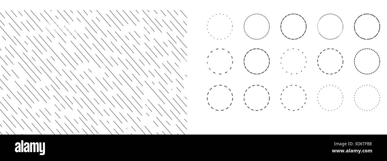 Cercles avec une ligne pointillée, définissez des cadres ou des icônes de cercles en pointillés et en pointillés. Lignes rondes pointillées, couper ici pictogrammes pour coupons ou étiquettes. Contour vectoriel. Illustration vectorielle Illustration de Vecteur