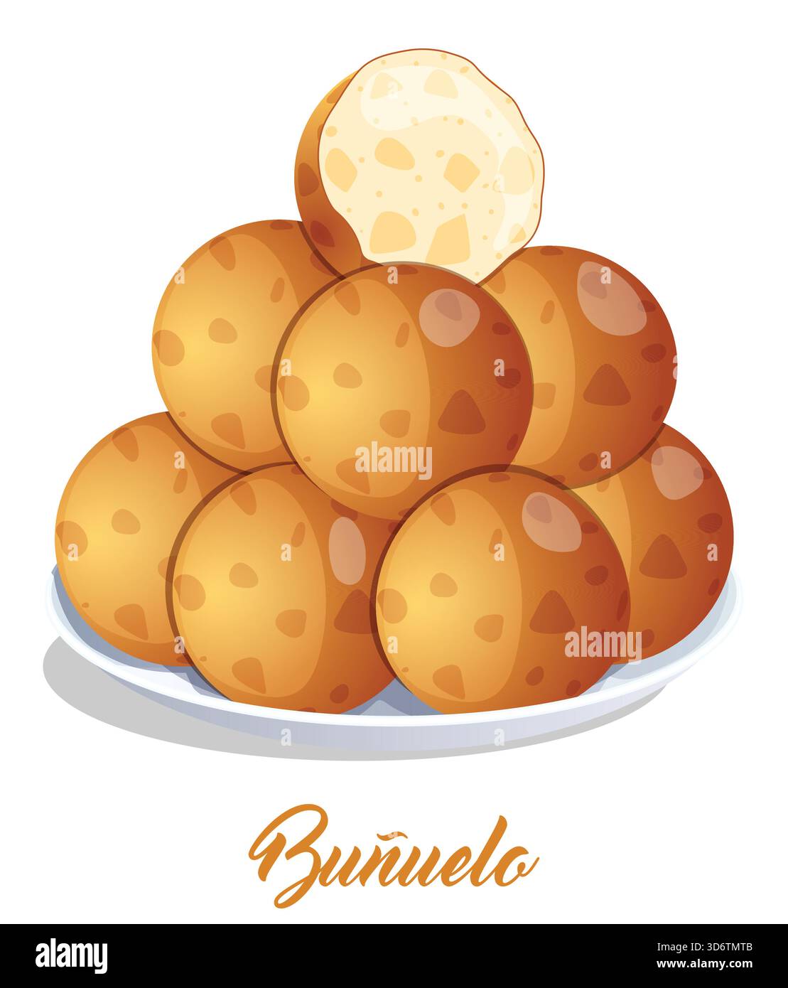 Buñuelos assiette empilée avec friteuse au fromage mordu montrant la texture intérieure sur le dessus. Illustration traditionnelle colombienne de collation de Noël Illustration de Vecteur