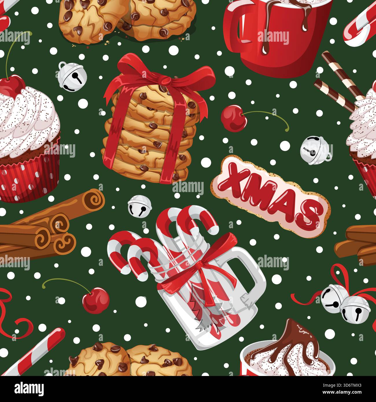 Motif sans couture de desserts de Noël avec Cupcake, chocolat chaud, cookies, Noël et Candy Canes Jar - fond vectoriel festif Illustration de Vecteur