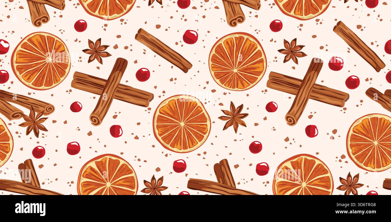 Motif sans couture des épices d'hiver festives - tranches d'orange, bâtonnets de cannelle, anis étoilé et canneberges. Arrière-plan vectoriel dessiné à la main Illustration de Vecteur