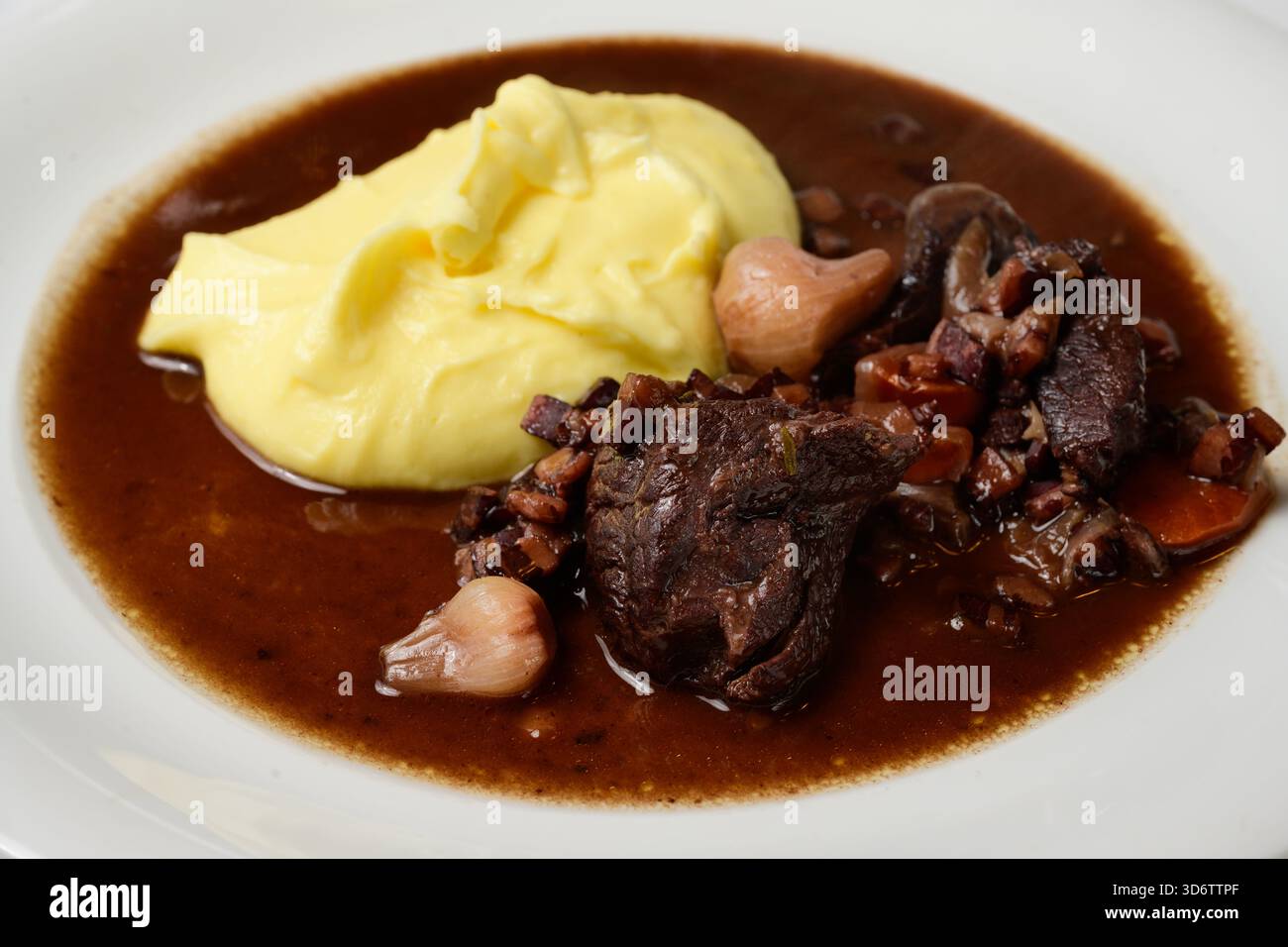 Boeuf Bourguignon bœuf français braisé au vin rouge de Bourgogne avec purée de pommes de terre crémeuse gros plan Banque D'Images