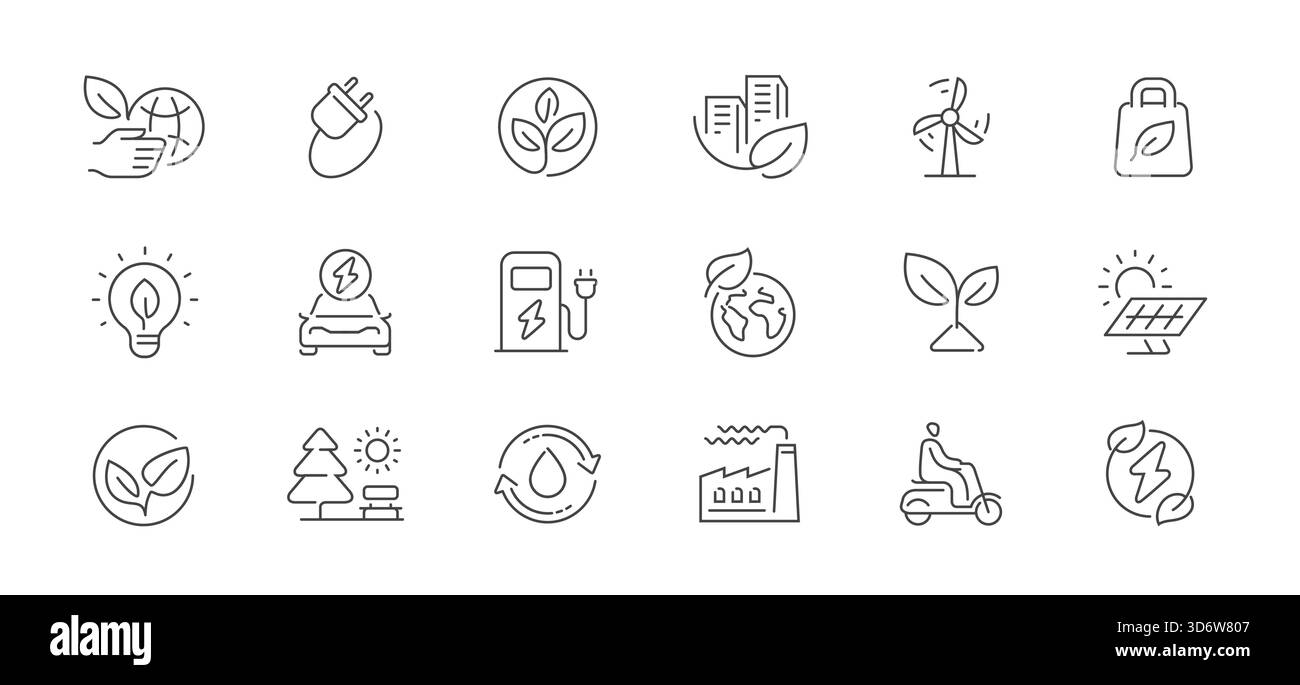 Icônes écologie à lignes fines. Technologies vertes, concept d'énergie électrique éco. Symboles et signes vectoriels de contour d'environnement Illustration de Vecteur