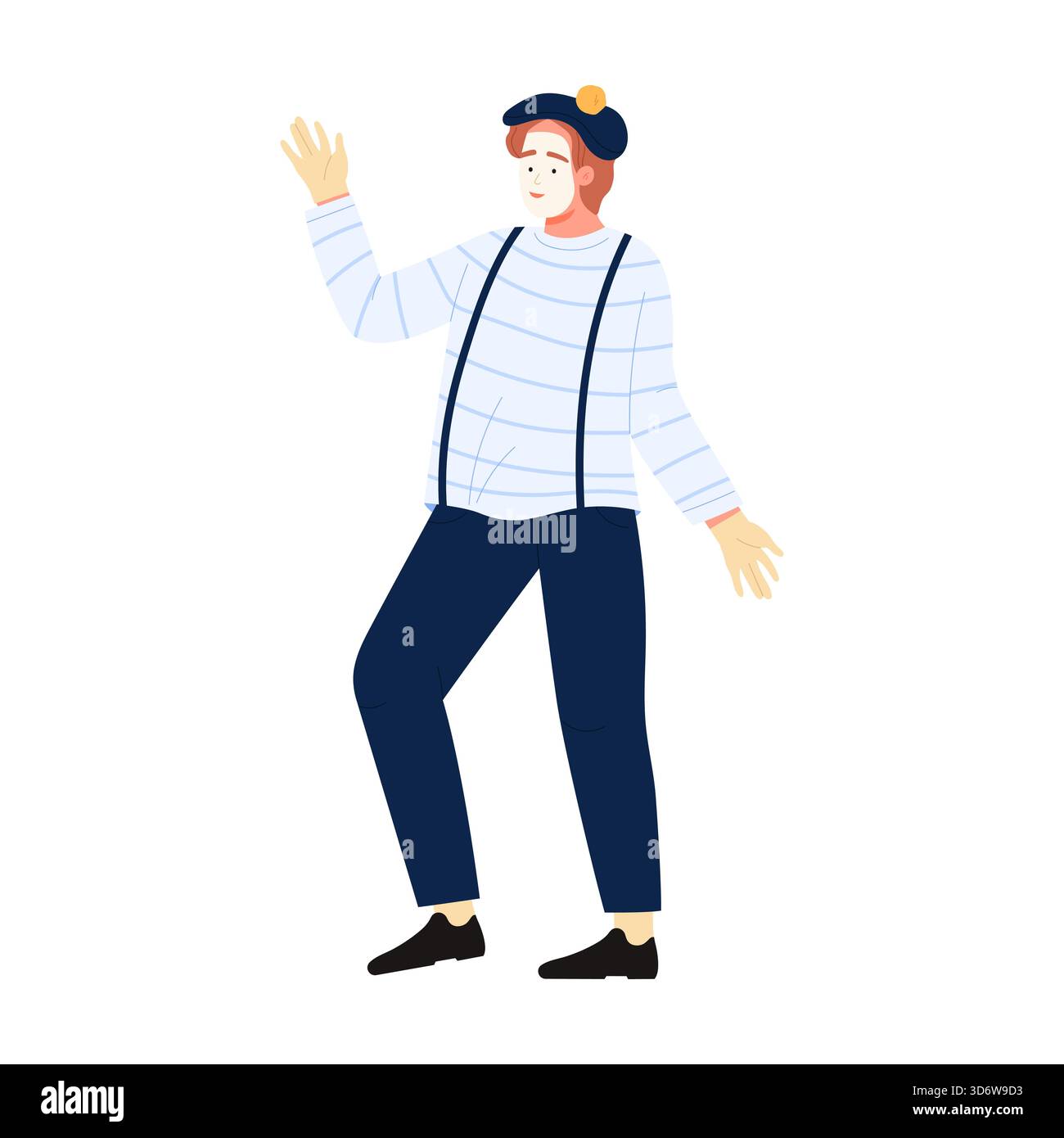 Joyeux artiste de mime français dans une tenue classique ondulant sur l'illustration vectorielle de fond isolé blanc Illustration de Vecteur