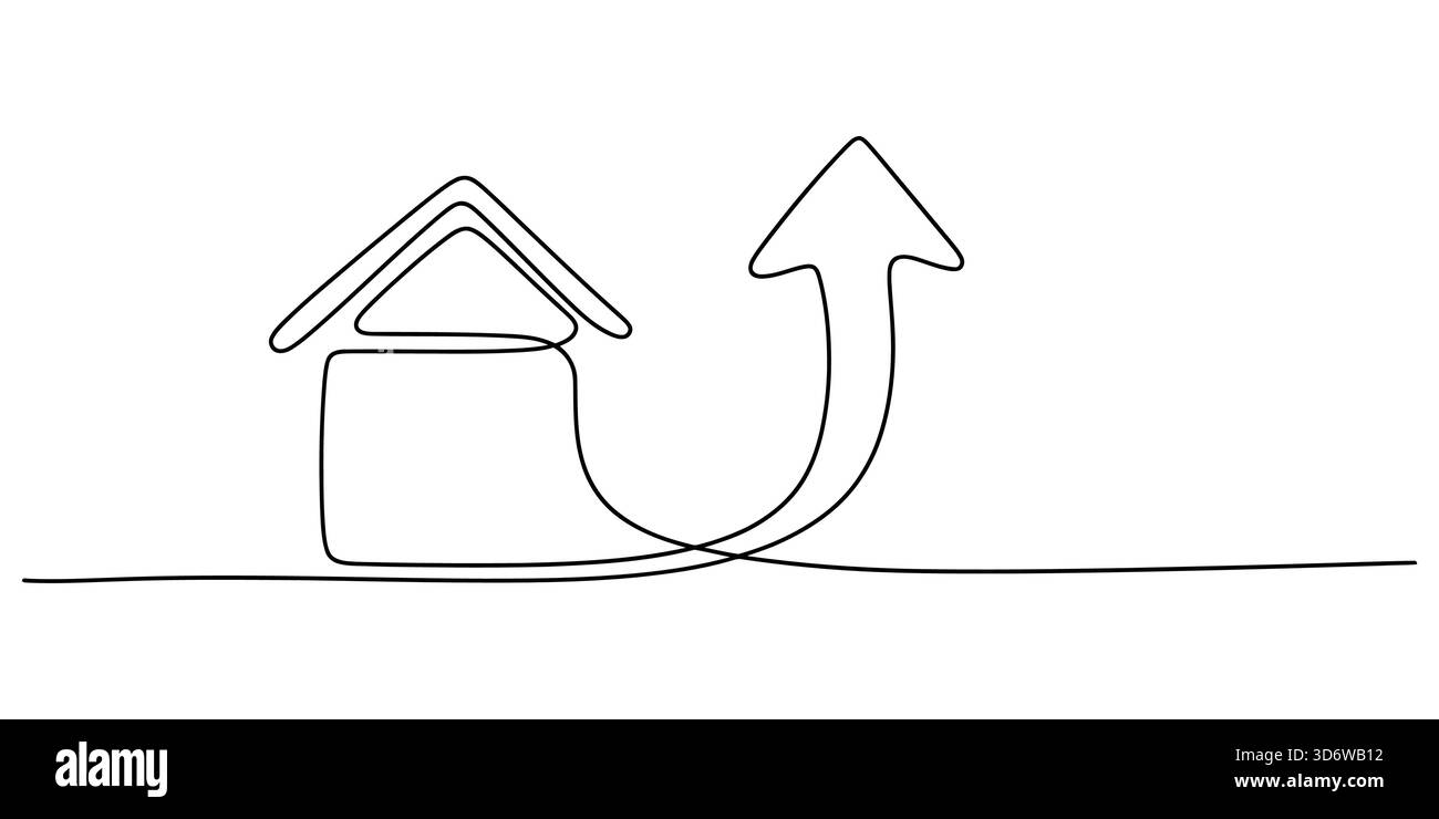 Maison et flèche ascendante dessin au trait continu, symbolisant la croissance immobilière. Illustration de Vecteur