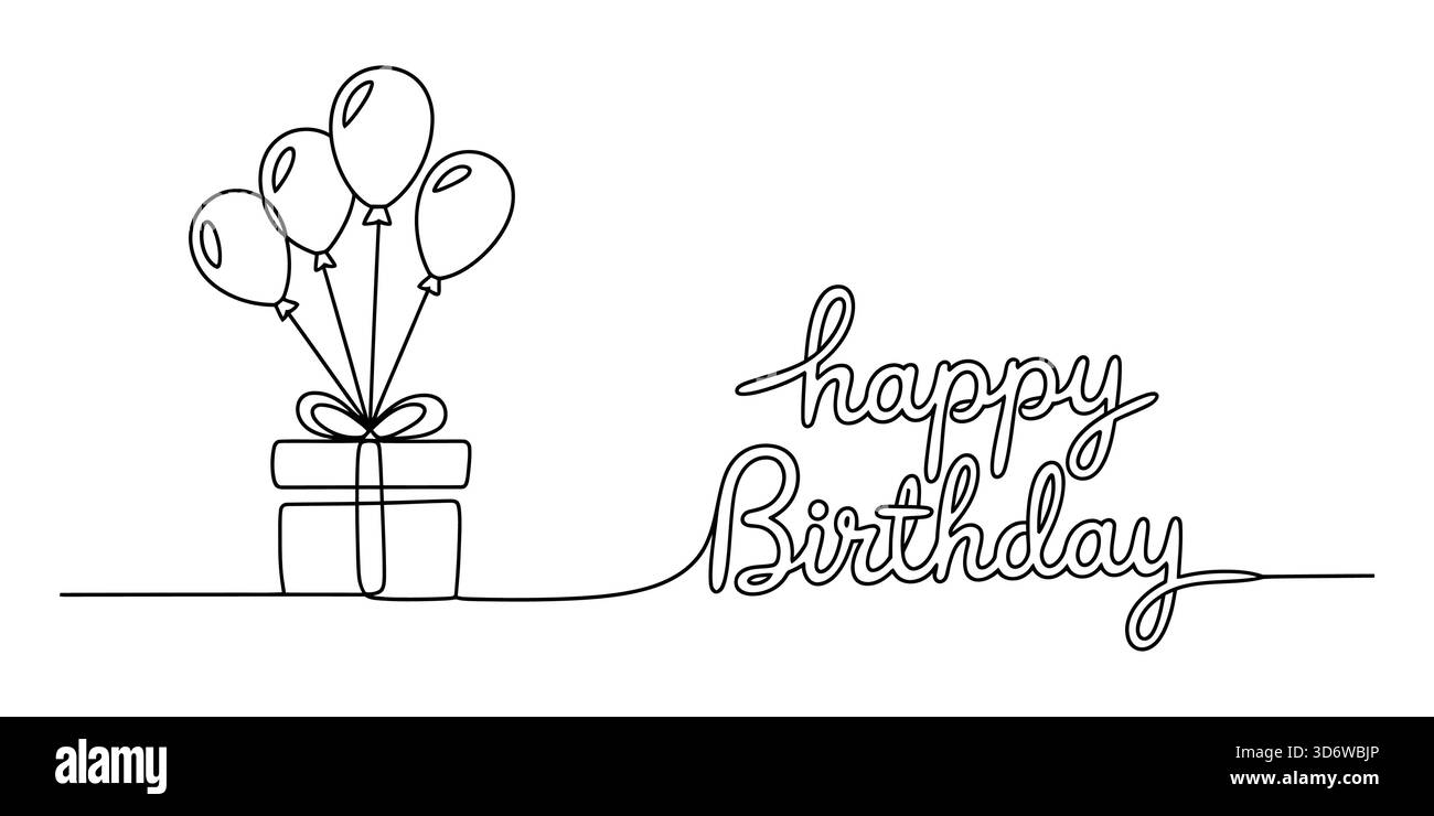 Dessin en ligne continue d'une boîte cadeau joyeux anniversaire avec des ballons art. Illustration de Vecteur