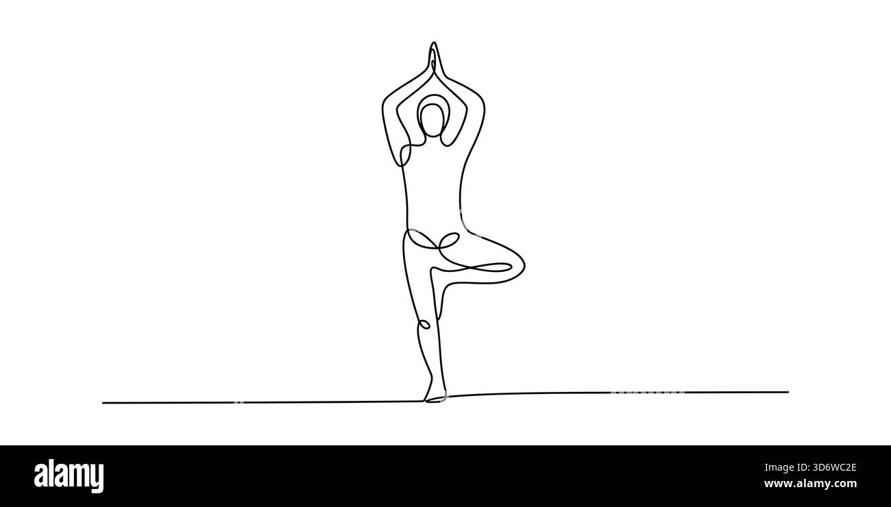 Dessin de ligne continue de personne faisant la pose d'arbre de yoga pour l'équilibre mental. Illustration de Vecteur