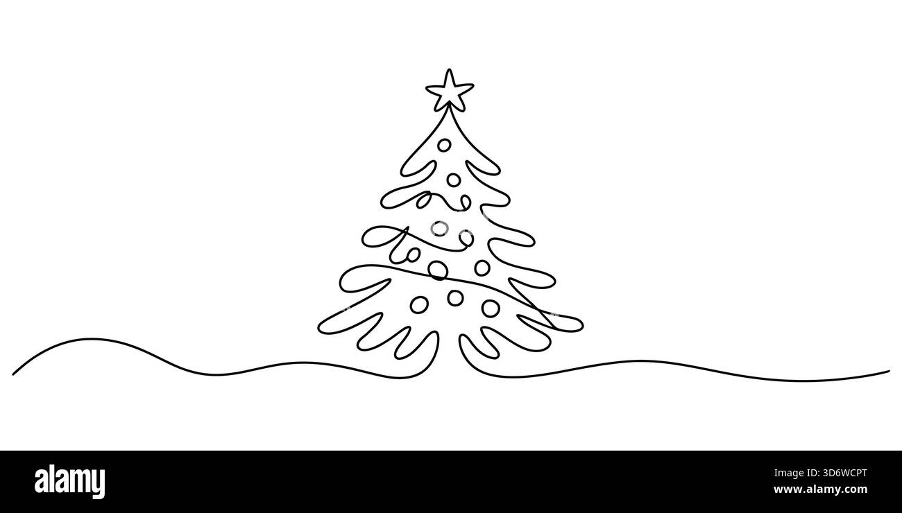 Art en ligne continue d'un sapin de noël festif avec étoile et décoration Illustration de Vecteur