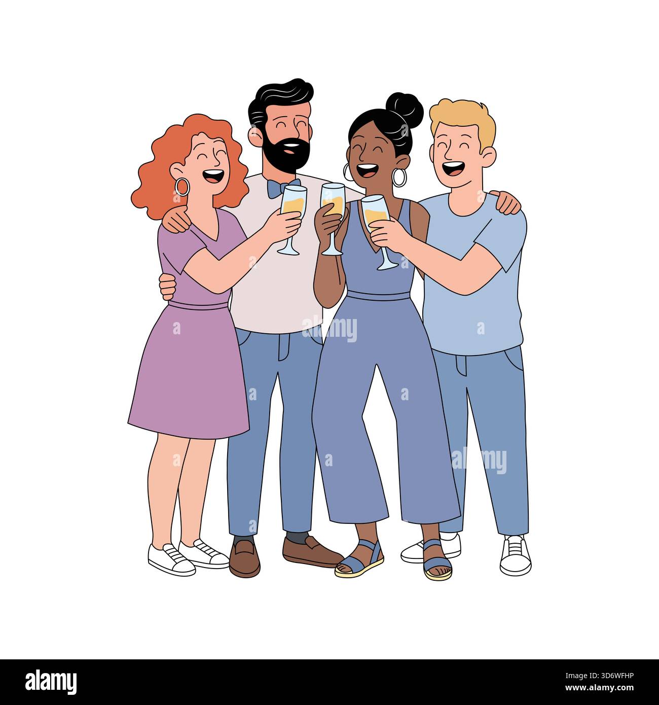 Un groupe d'amis joyeux prend des lunettes et rit ensemble, célébrant les vacances avec joie et énergie festive dans une scène illustrée amusante. Illustration de Vecteur