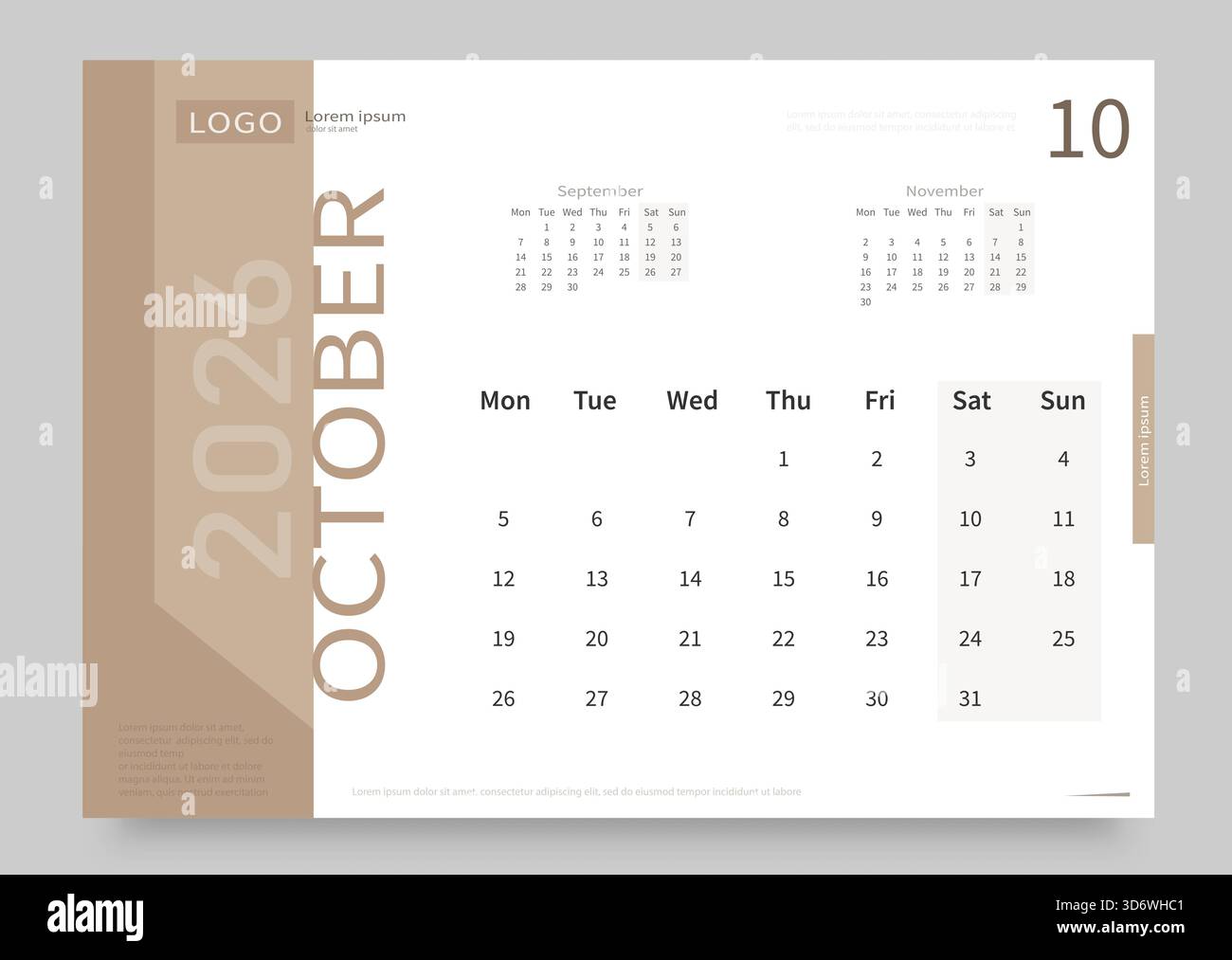 Le calendrier pour octobre 2026 est blanc et beige. La mise en page du calendrier pour octobre 2026 avec la date du début de la semaine le lundi. Illustration de Vecteur