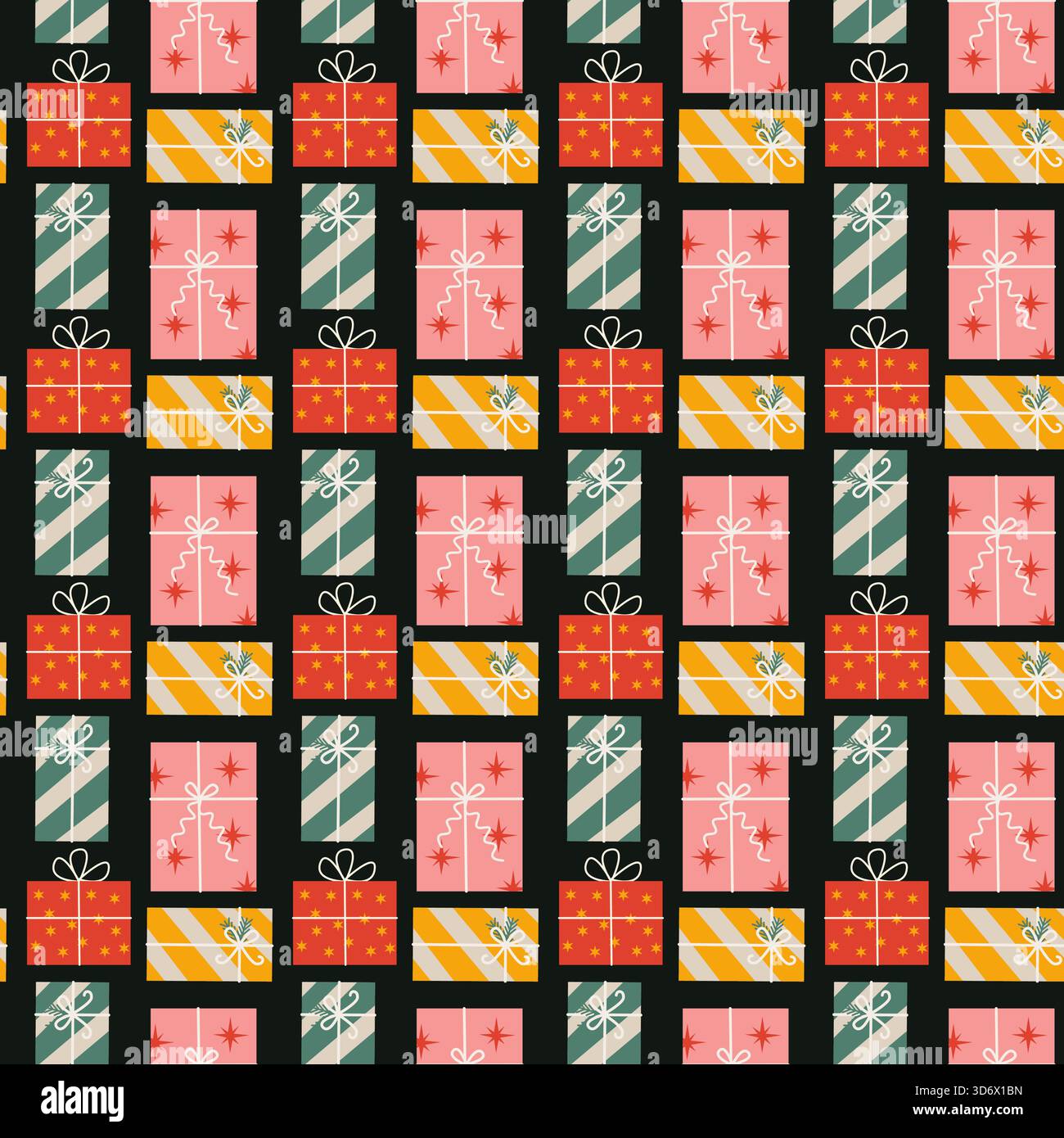 Motif festif de noël sans couture avec des cadeaux. Motif avec des boîtes de cadeaux rouges, vertes et roses. Fond de Noël ou backgrop. Illustration de Vecteur