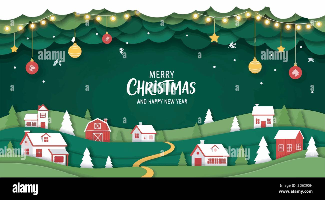 Paysage d'art de papier de Noël et du nouvel an avec des maisons, des arbres, des lumières et des ornements sur fond vert. Illustration vectorielle festive. Illustration de Vecteur