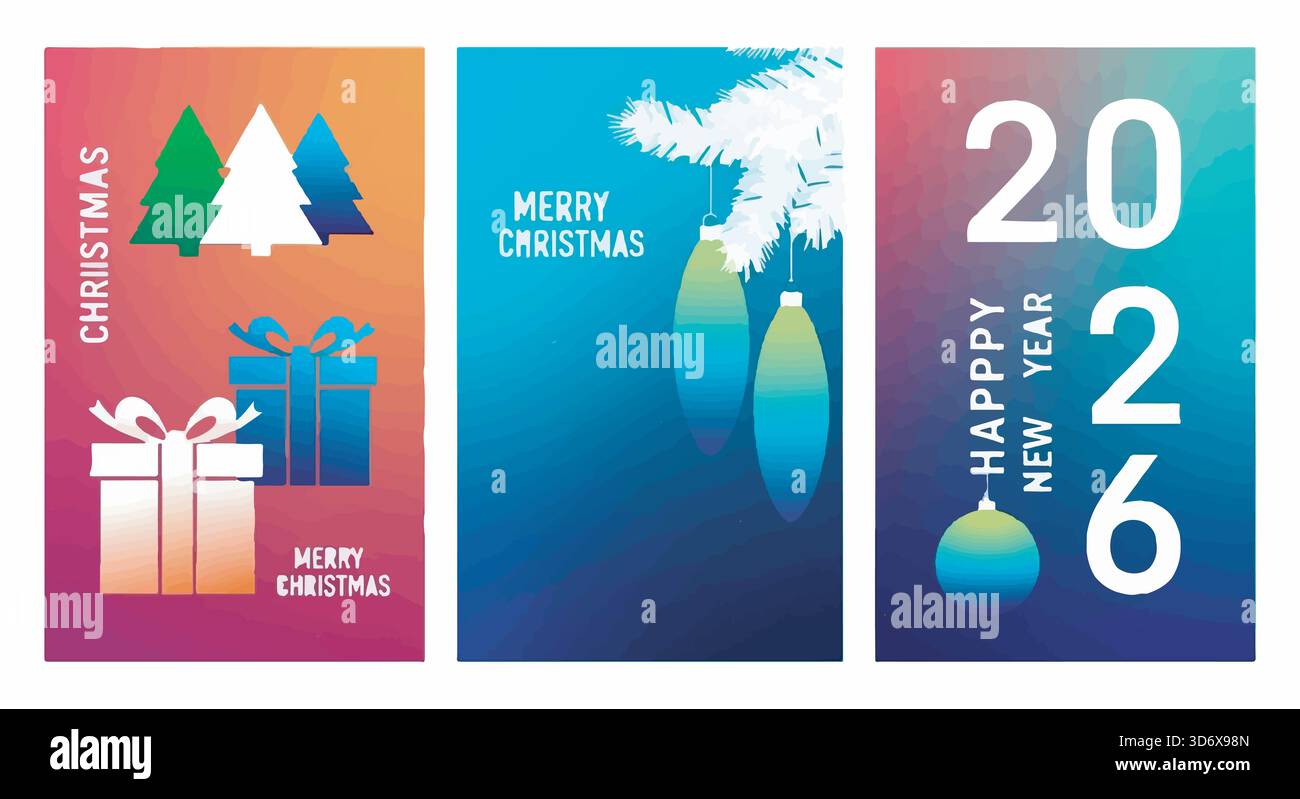 Ensemble de trois cartes festives de Noël et de nouvel an 2026 avec des arbres, des cadeaux et des ornements sur des fonds colorés dégradés. Illustration de Vecteur