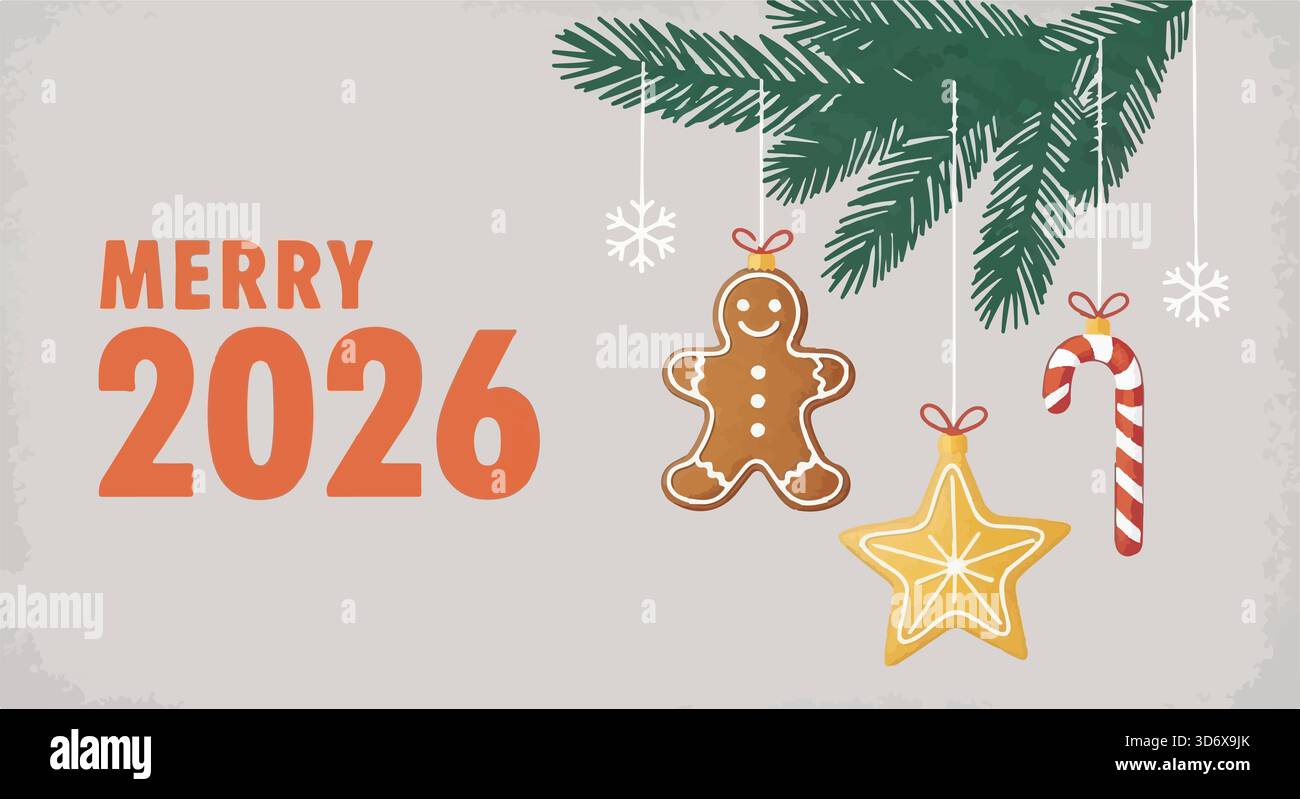 Carte de voeux joyeux 2026. Branche d'arbre de Noël avec homme en pain d'épice suspendu, étoile, ornements de canne à sucre et flocons de neige. Illustration festive. Illustration de Vecteur