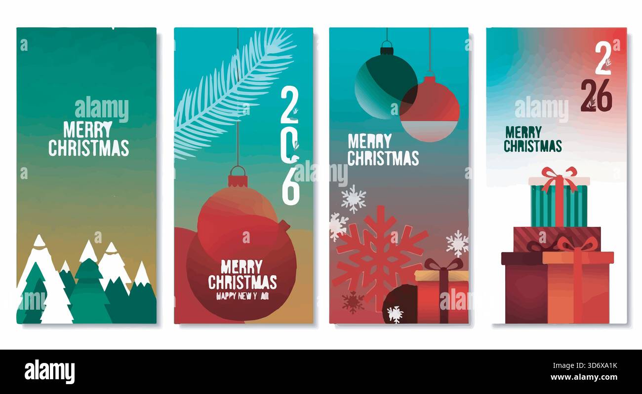 Quatre bannières de Noël présentant des ornements, des cadeaux, des arbres et des flocons de neige. Illustration vectorielle, design festif et moderne. Illustration de Vecteur