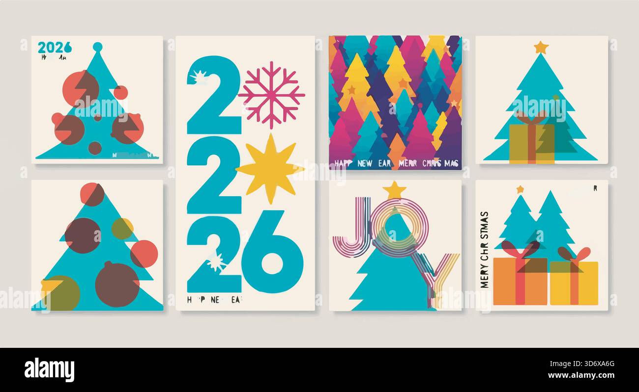 2026 dessins de carte du nouvel an avec arbres de Noël. Modèles de vœux festifs, colorés et rétro. Illustrations des fêtes. Illustration de Vecteur