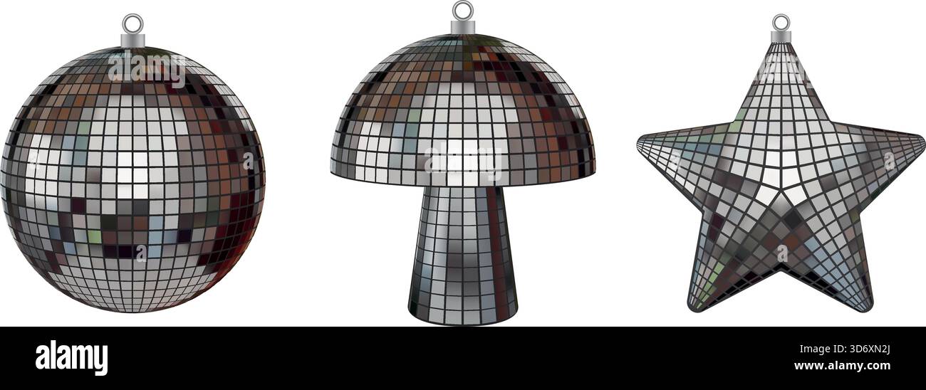décorations de noël isolées en forme de boule disco. ornements en forme de boule, champignon et étoile. boules de noël Illustration de Vecteur