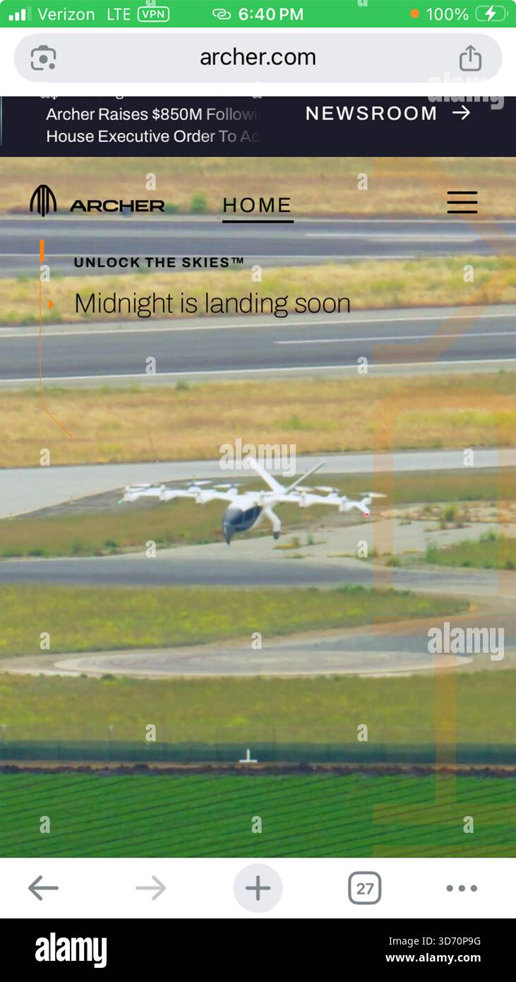 22 novembre 2025, New York City, New York, États-Unis : Joby Aviation, développeur de taxis aériens électriques, poursuit Archer Aviation pour des allégations selon lesquelles son rival aurait utilisé des secrets commerciaux volés extraits d'un ancien employé pour interférer dans ses affaires. Capture d'écran Apple iPhone de la page de bannière du site Web de la société Archer Electric Air taxis. (Crédit image : © Billy Tompkins/ZUMA Press Wire) USAGE ÉDITORIAL SEULEMENT ! Non destiné à UN USAGE commercial ! Banque D'Images