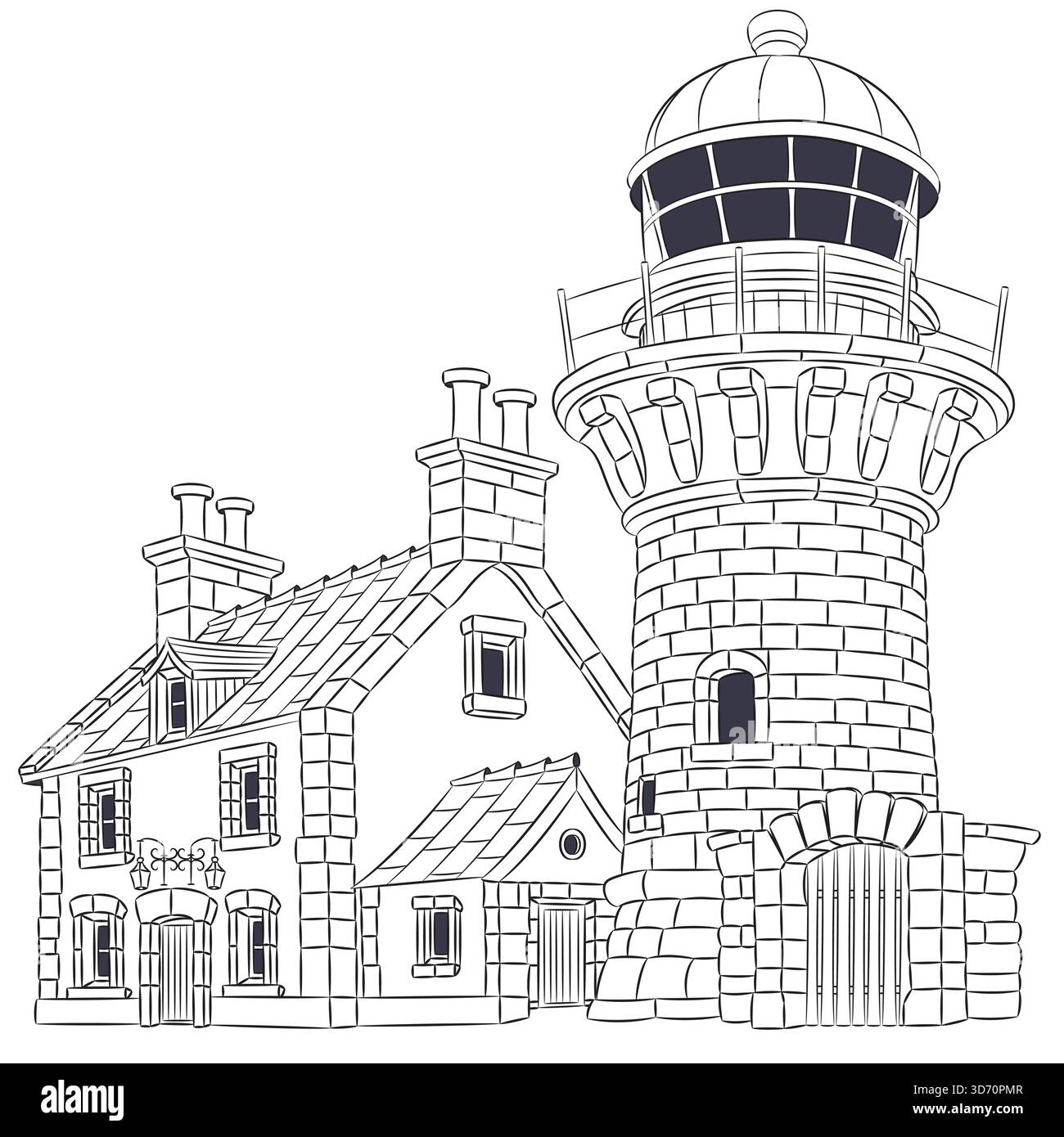 Illustration vectorielle d'une tour de phare et d'un chalet de gardien dans une ville côtière Illustration de Vecteur