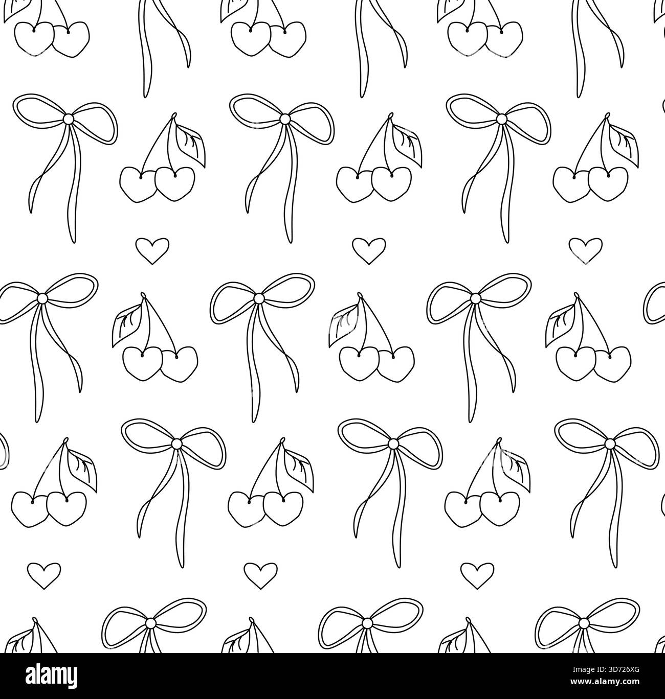 Cerise fruit, ruban, coeur Saint-Valentin motif sans couture. Illustration en noir et blanc de la ligne graphique vectorielle. Textile, tissu, design de texture pour PA Illustration de Vecteur
