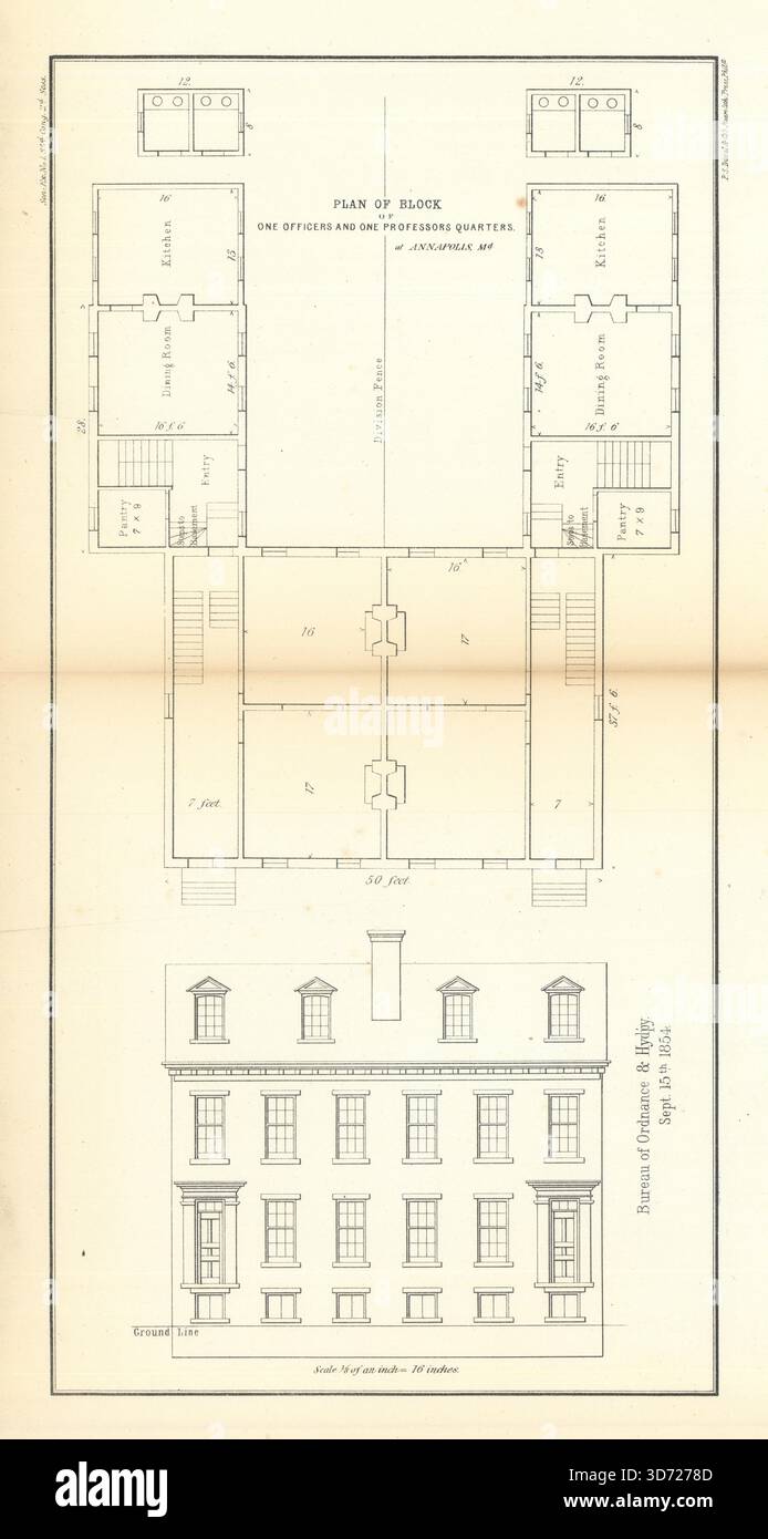 Plan du bloc des quartiers des officiers et des professeurs à Annapolis, Maryland 1854 carte Banque D'Images