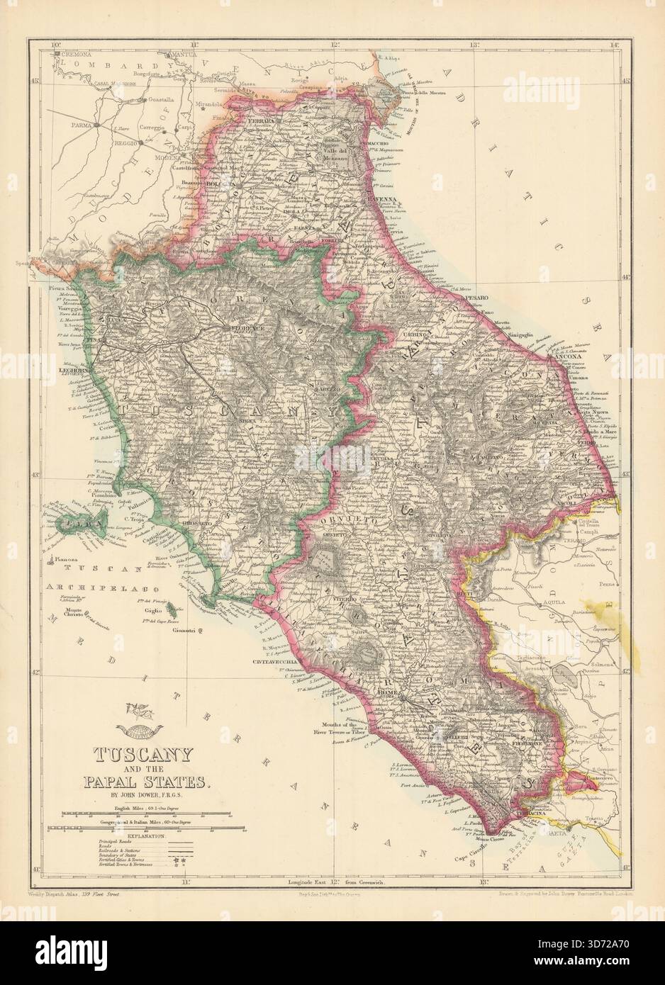 Toscane et les États pontificaux. Italie. Montre les premiers chemins de fer. Carte DOWER 1863 Banque D'Images