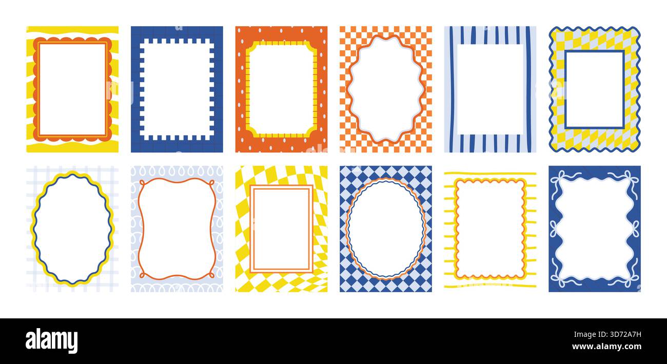 Ensemble coloré de cadres de bord ondulé avec des motifs géométriques et des bordures ludiques de doodle, idéal pour les invitations, les bannières ou les mises en page créatives, isolé sur l'illustration vectorielle de fond blanc Illustration de Vecteur