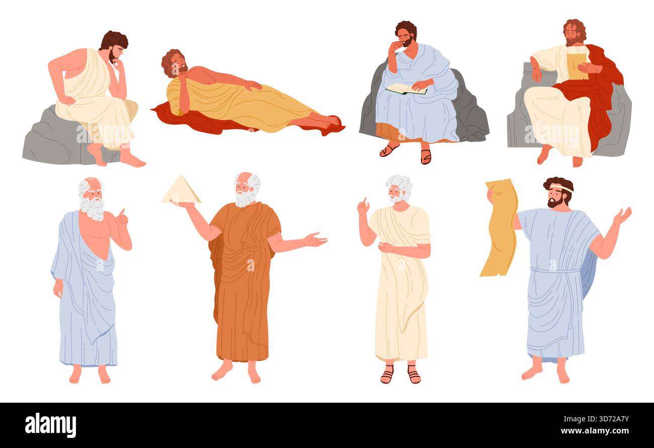 Groupe de philosophes antiques en togas, chacun posant soigneusement ou tenant des rouleaux et des formes géométriques, représentant la sagesse grecque et romaine classique isolé sur fond blanc illustration vectorielle Illustration de Vecteur