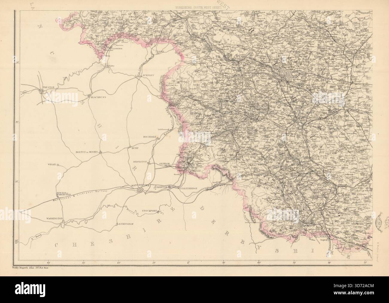YORKSHIRE SUD OUEST. Halifax Bradford Leeds Sheffield. WELLER 1863 carte ancienne Banque D'Images