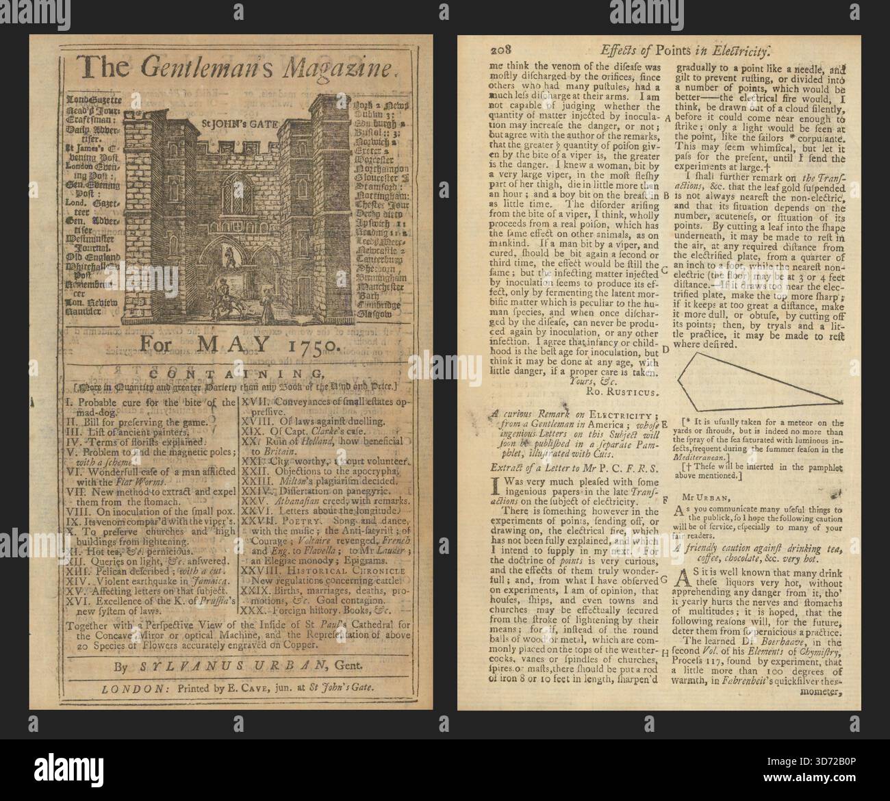 Lettre de Benjamin Franklin à Peter Collinson concernant le paratonnerre 1750 Banque D'Images