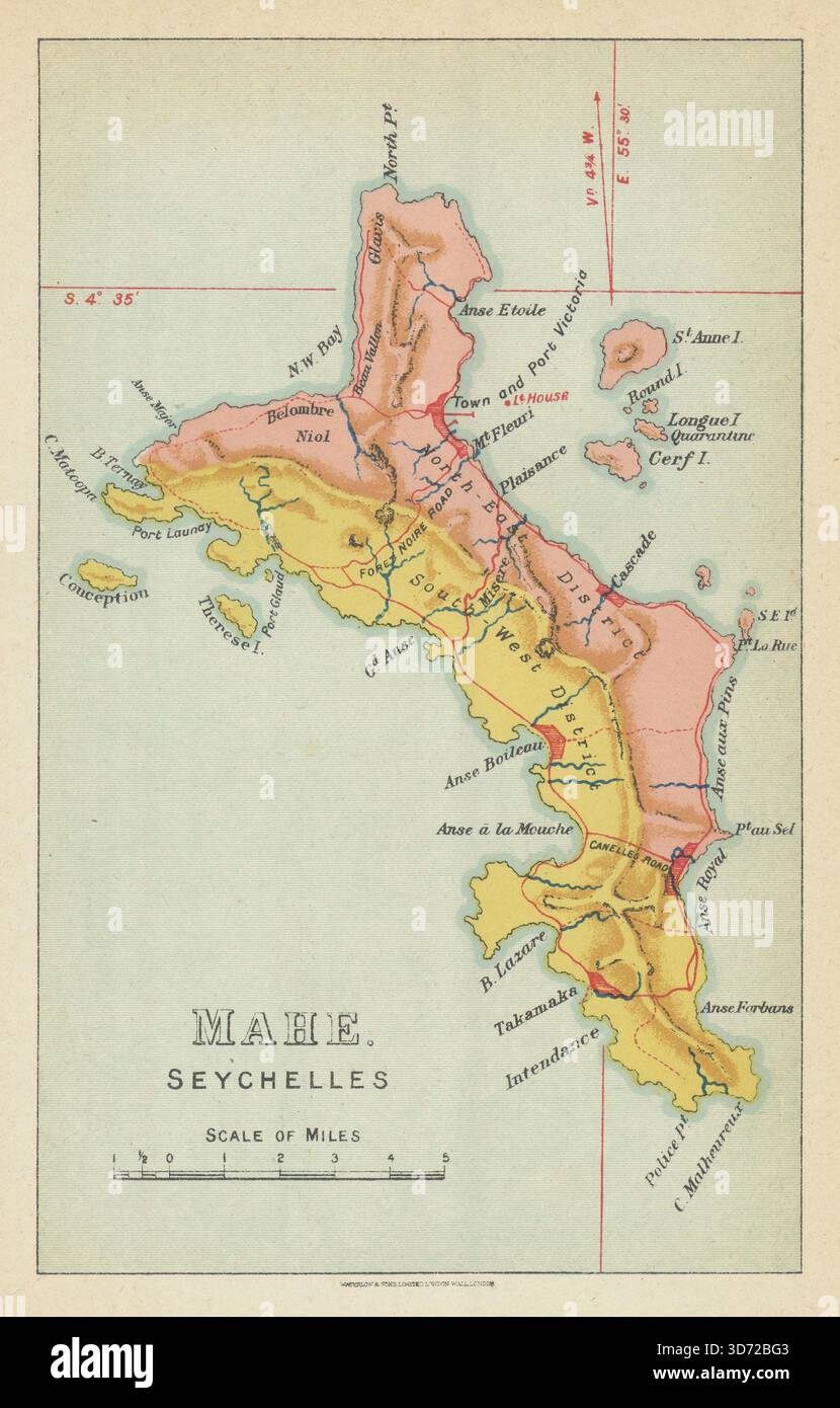 Mahé - Seychelles by Waterlow & sons 1919 carte ancienne ancienne vintage Banque D'Images