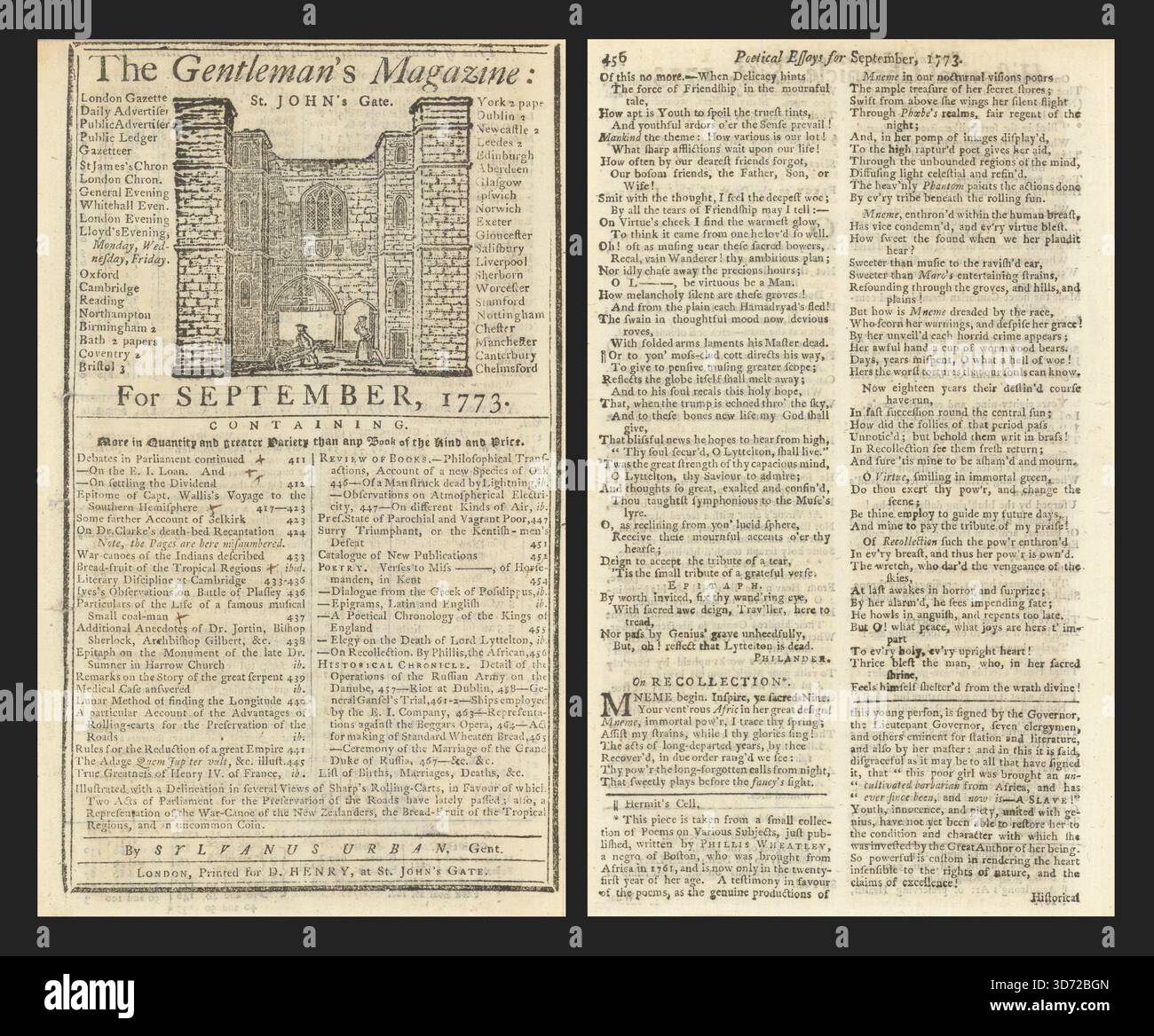 Un poème de Phillis Wheatley la première poète féminine afro-américaine publiée en 1773 Banque D'Images