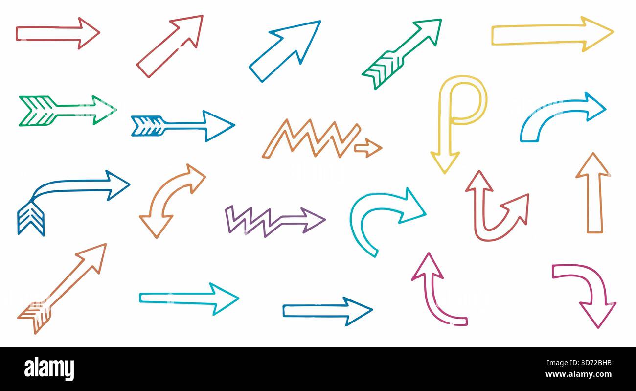 Flèches dessinées à la main dans divers styles et couleurs sur un fond blanc. Symboles directionnels, illustration vectorielle. Illustration de Vecteur